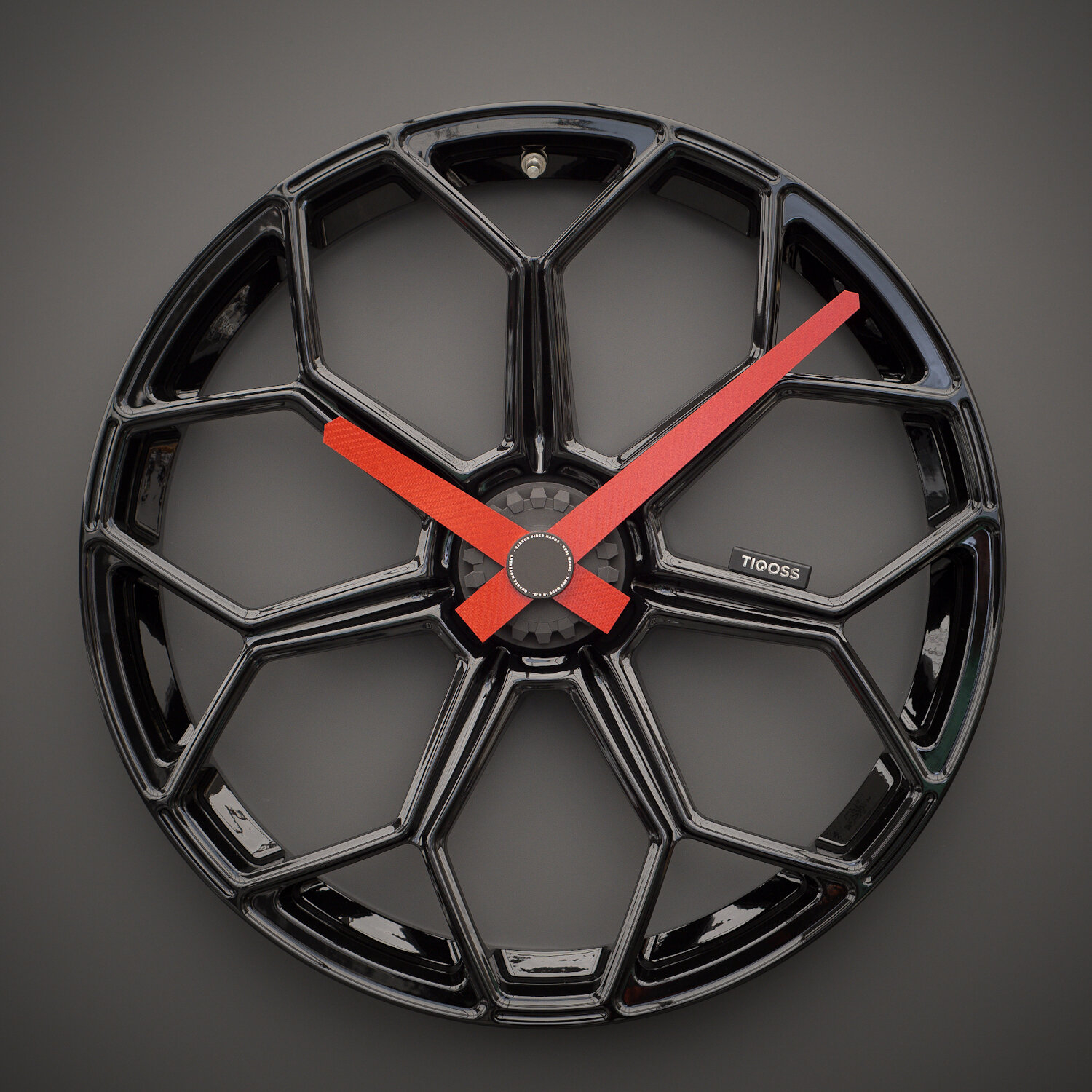 TIQOSS Lamborghini Huracán forged wheel wall clock with red carbon fiber hands — supercar wall art